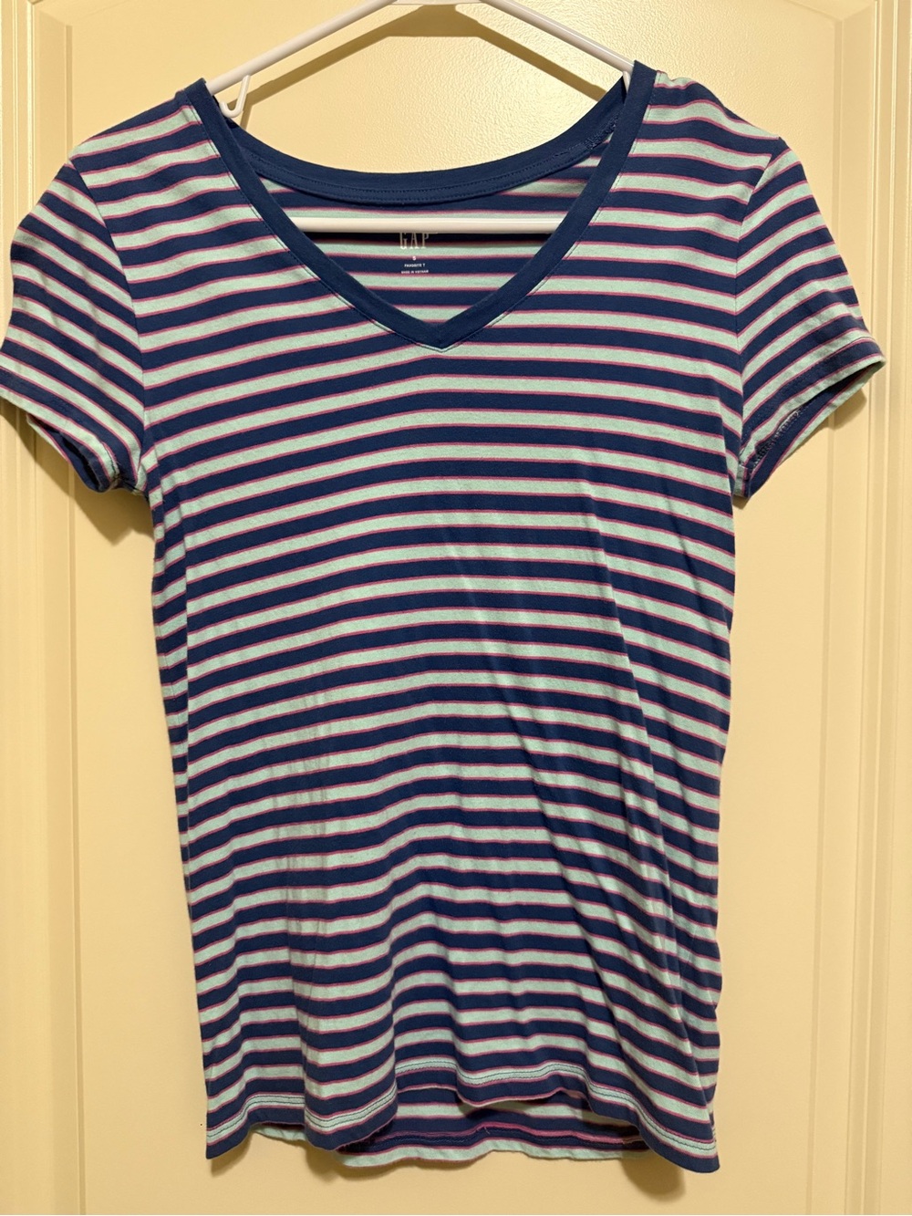 Striped V-Neck Tee in Navy, White & Pink- Gap